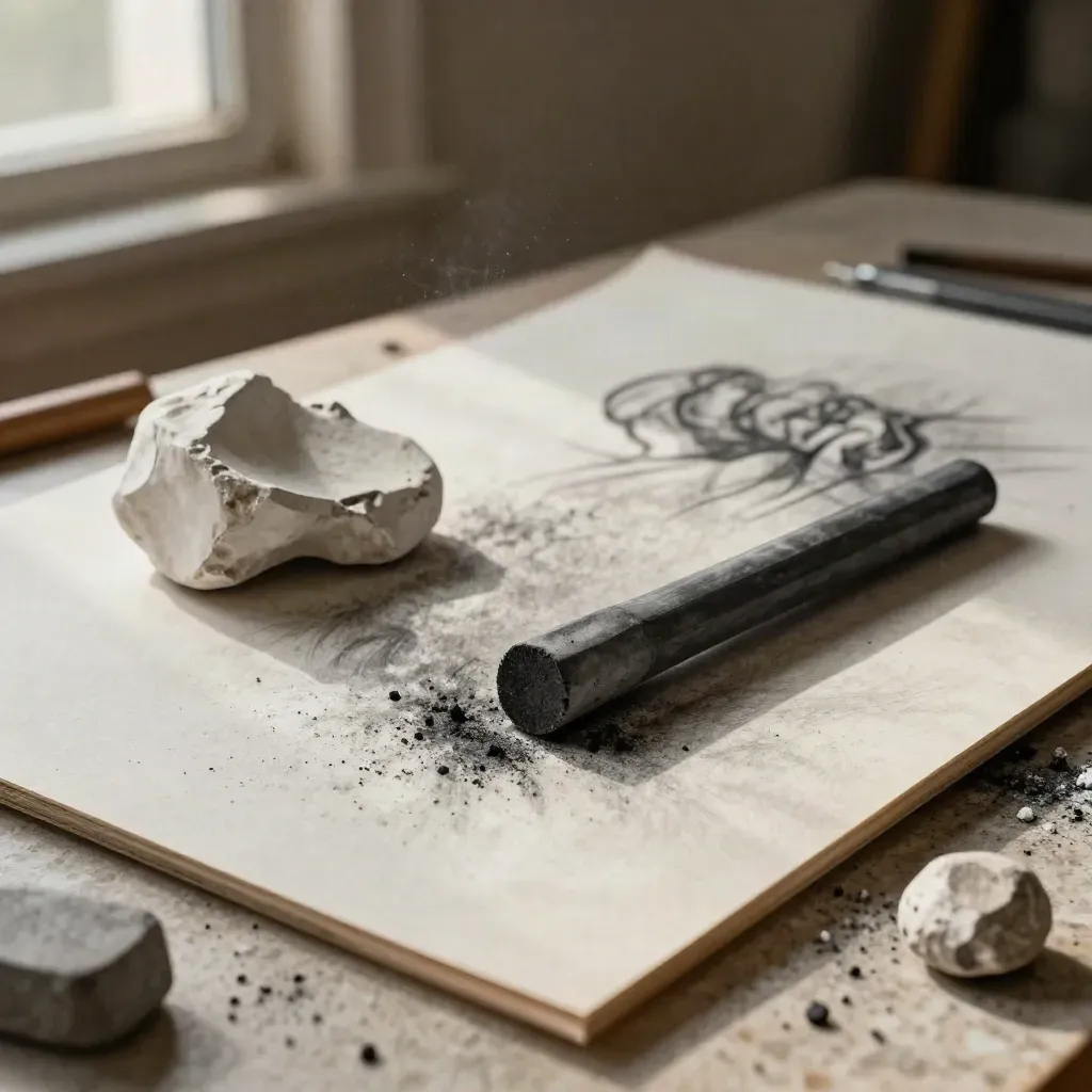Charcoal sketch studies on a slanted board with plaster cast and eraser crumbs in warm light