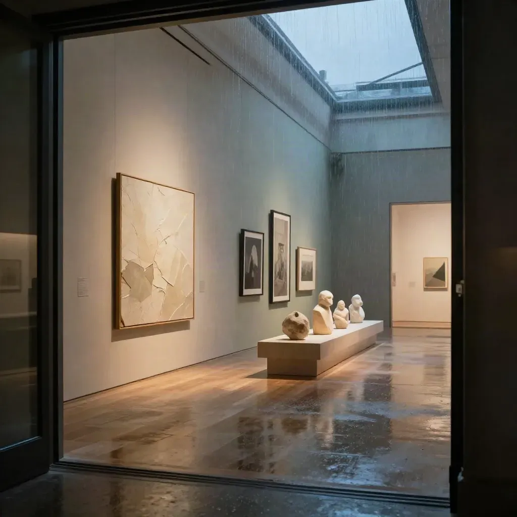 Moody gallery interior with framed art, suspended plinths, and rain-glossed reflections.
