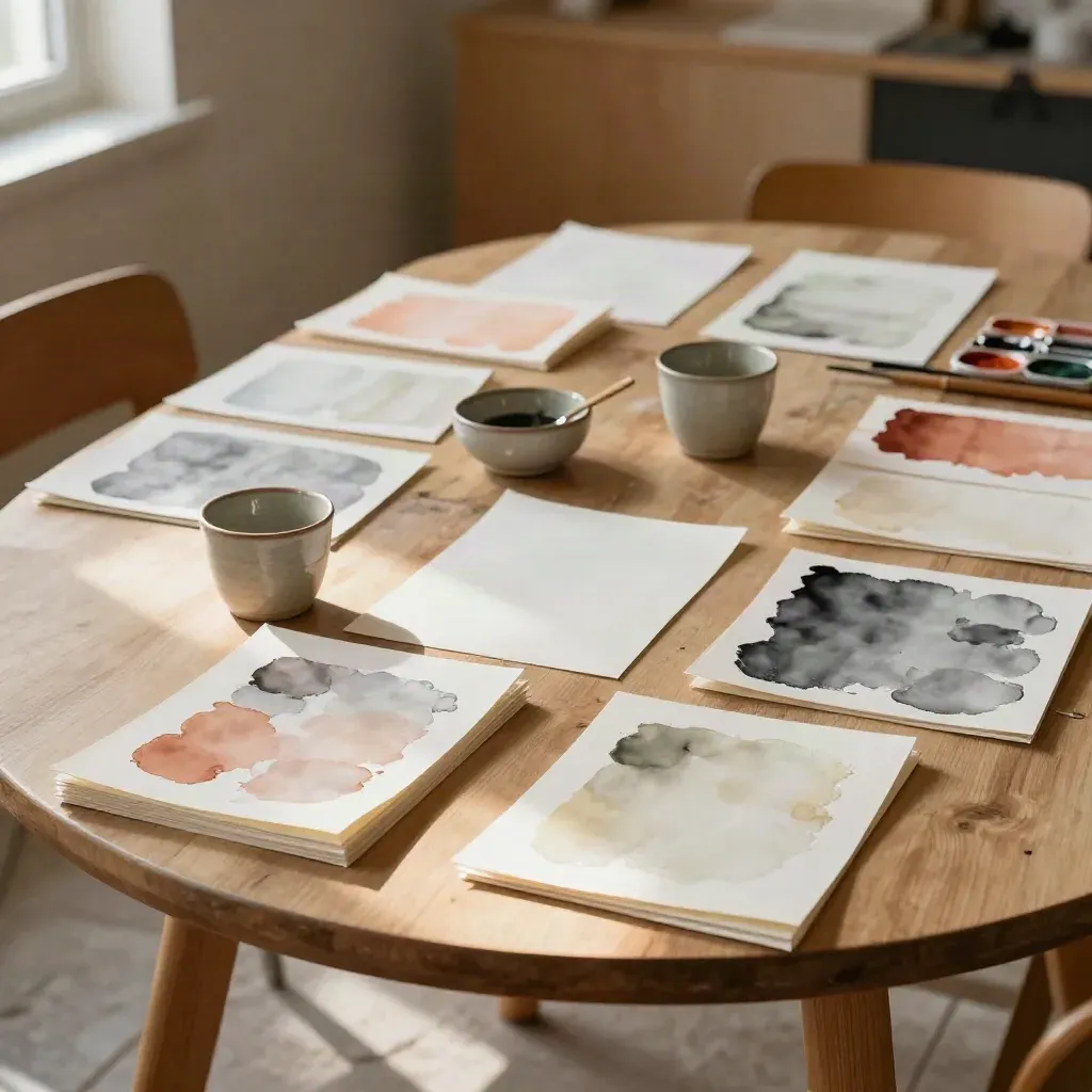 Dry watercolor sheets and paint tables in a warm studio after family paint day