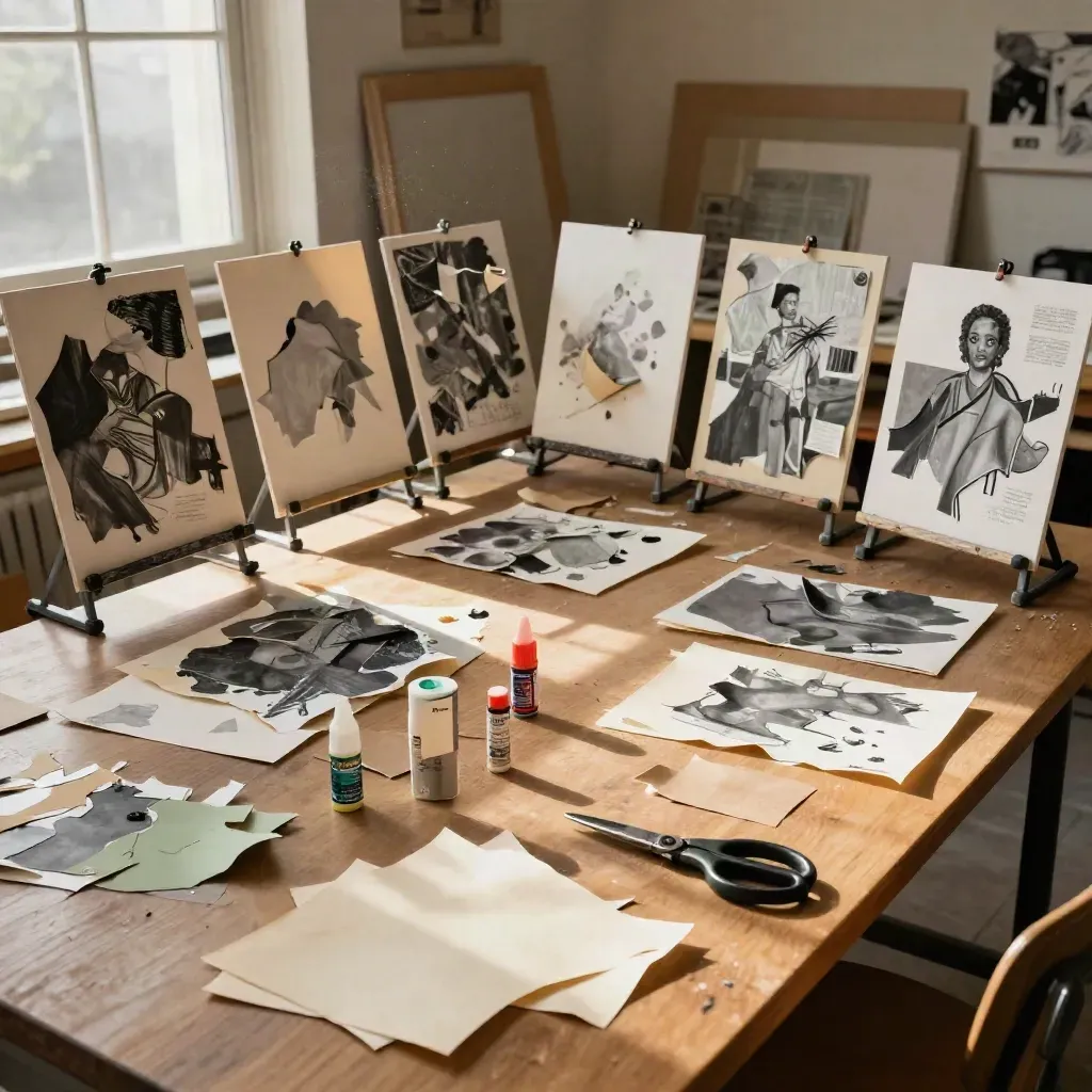 Overhead art studio scene with drying racks, collage boards, scissors and glue sticks in warm light.