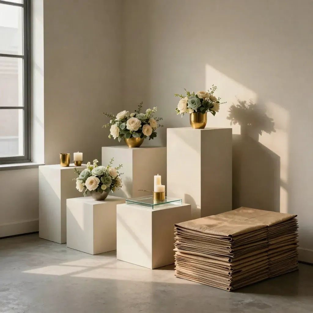 Gallery plinths, candles, florals, trays and packing wraps in a warm cinematic launch setup.