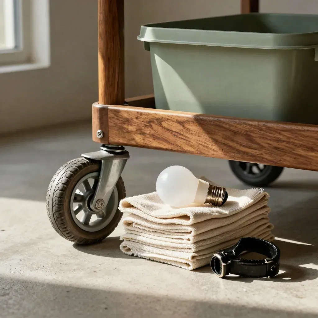 Scuffed cart wheel, folded microfiber cloths, clamp light and sage utility bin on a studio floor.