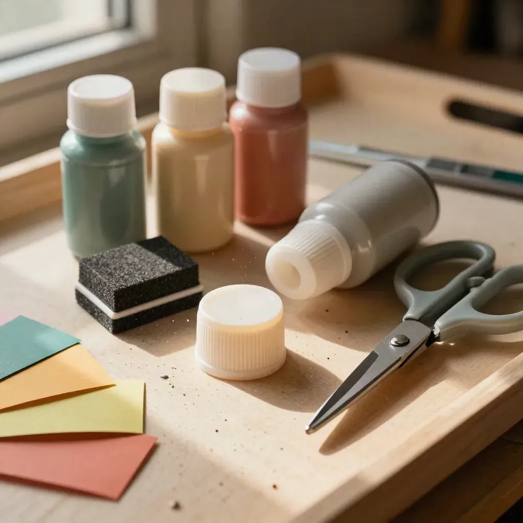 Macro still life of youth art kit items: paint bottles, foam stamps, scissors, paper tabs, and dust.