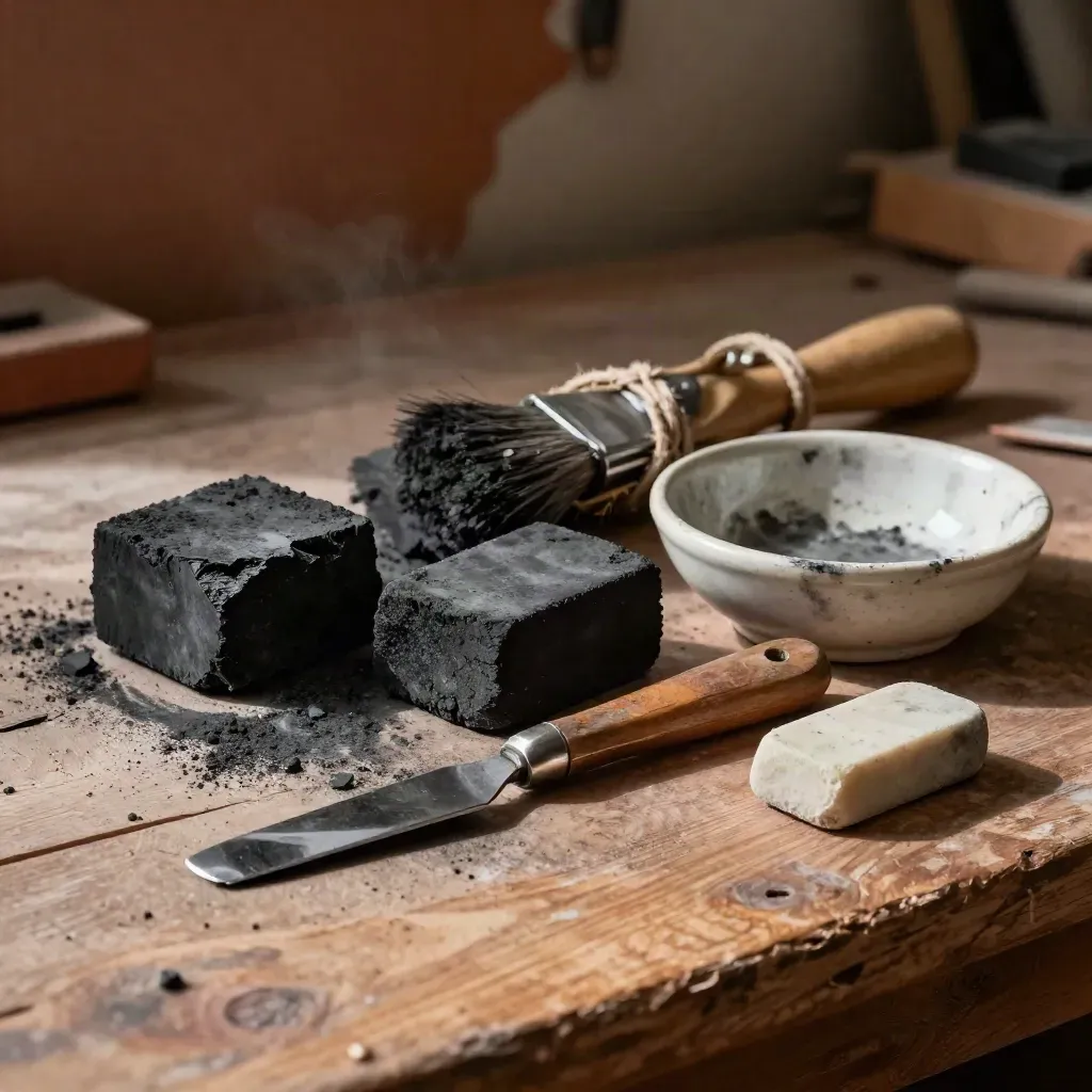 Charcoal blocks, brushes, knife, dish, and eraser on a dusty workbench