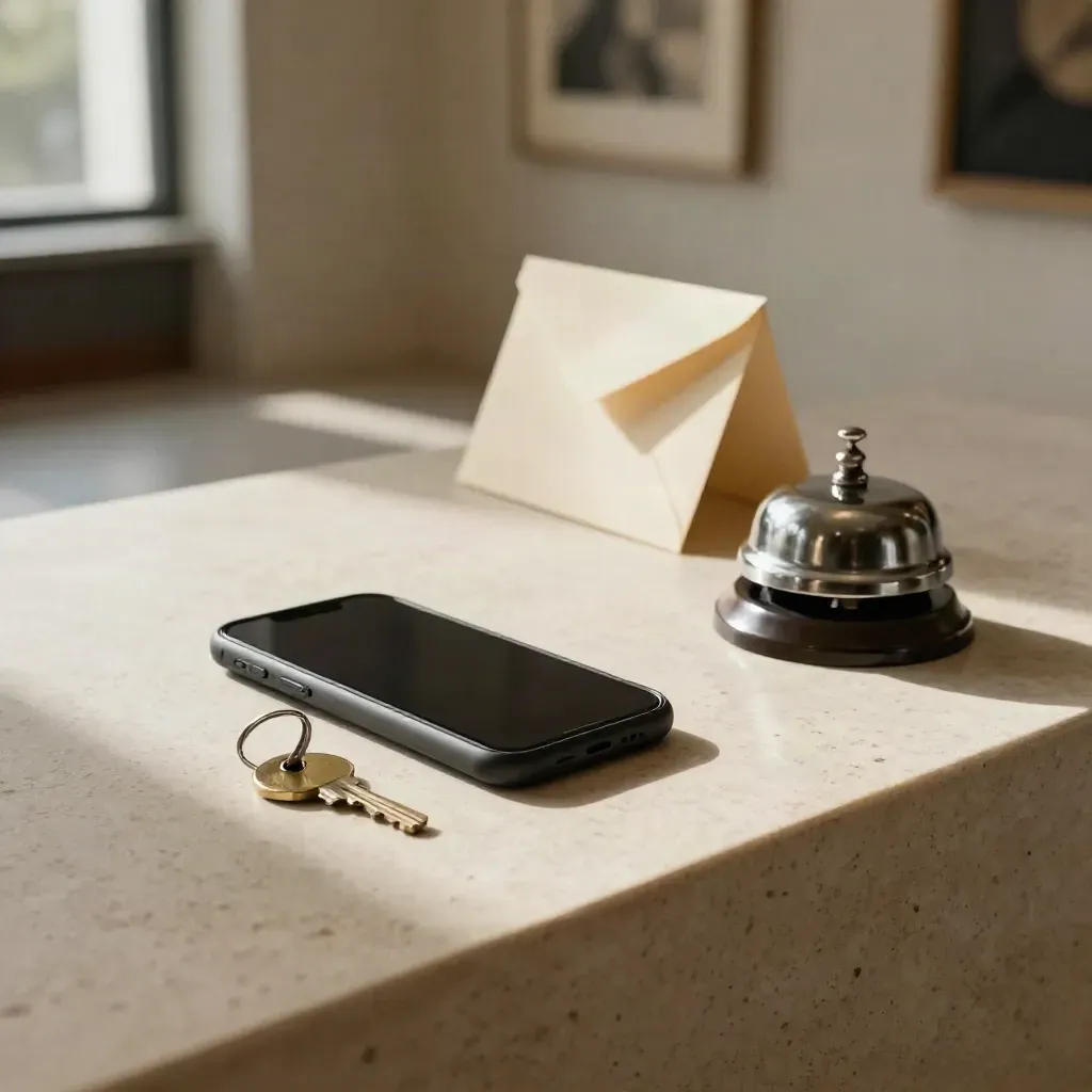 Face-down phone, brass key tag, sealed envelope and bell on a gallery counter in soft side light